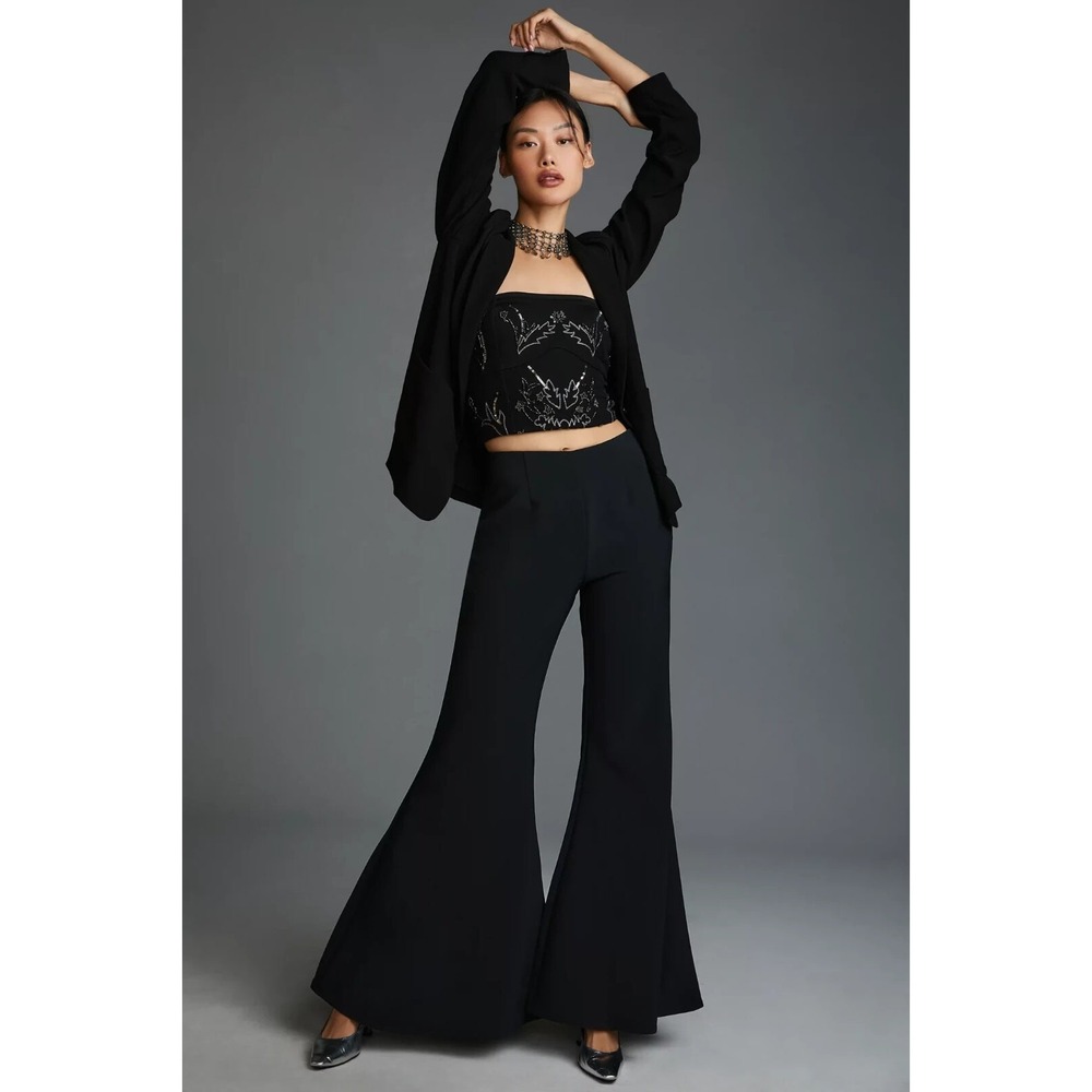 Anthropologie Flare Trousers Black Size 10 High Rise Wide Leg Statement Chic - Picture 1 of 10